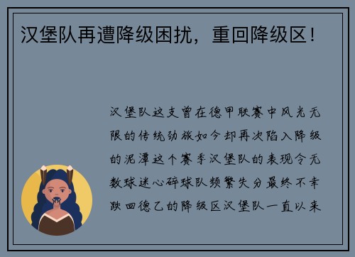 汉堡队再遭降级困扰，重回降级区！